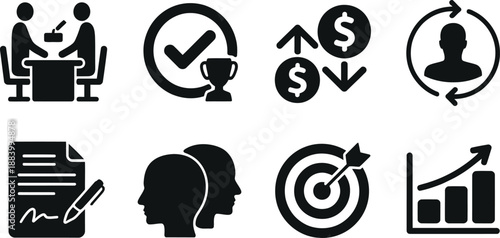 A set of black and white business icons on a white background