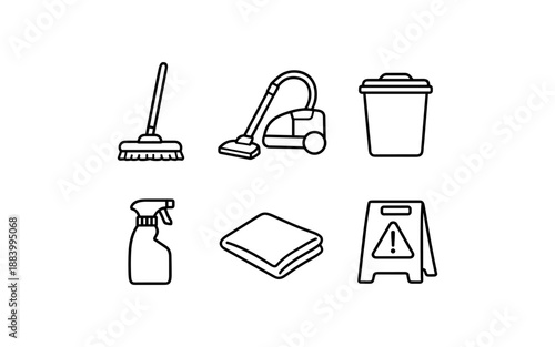 Collection of simple line art icons representing household cleaning supplies and tools