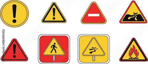 Warning signs collection for various hazards and dangers
