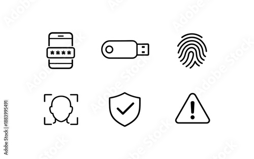 Collection of security and privacy icons including fingerprint, password, and face recognition