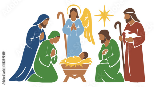 A colorful Christmas nativity scene set with people and animals