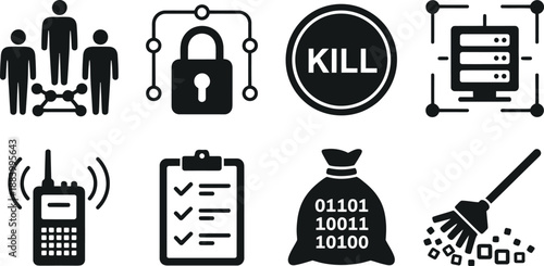 A collection of black and white icons representing cybersecurity and data protection
