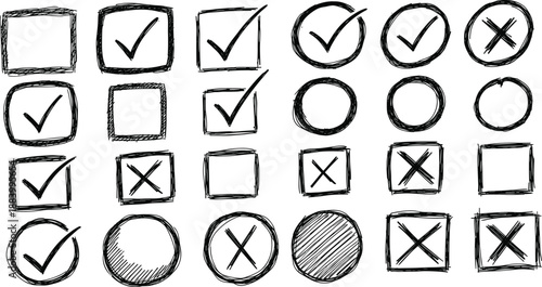 Hand-drawn checkbox and radio button icons with selection states, X marks, check marks, UI elements, form design, survey tools, black and white sketch, interface graphics, user input symbols