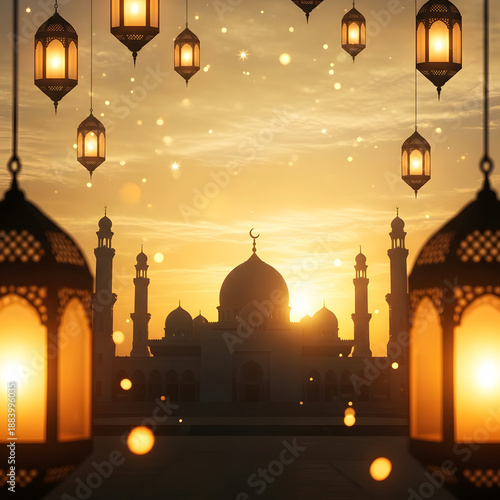 Lanterns hanging above mosque at sunset with glowing lights and ornaments