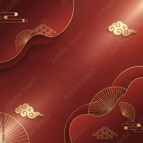 Golden Cloud Motifs on Red Background with Cultural Symbols and Decorative Elements
