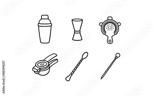Collection of hand-drawn cocktail making tools on a white background
