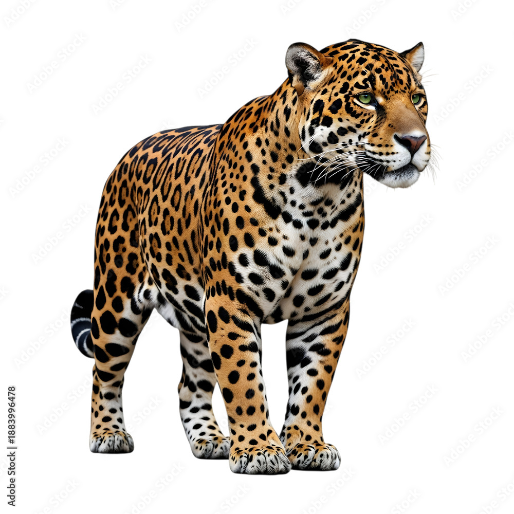 Obraz premium Powerful spotted jaguar, standing proudly, transparent with a crisp white isolated background
