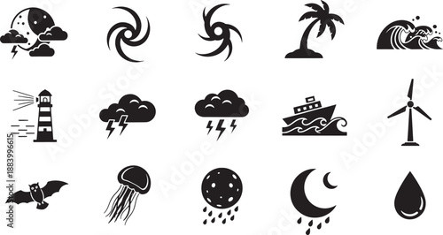 Black and white sketched of weather and nature symbols