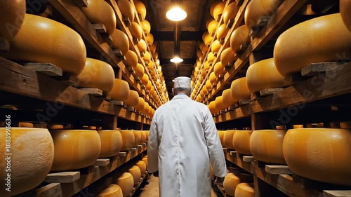 A cheesemaker in a white coat walks down an aisle of wooden shelves filled with large yellow parmesan cheese wheels in a storage cellar