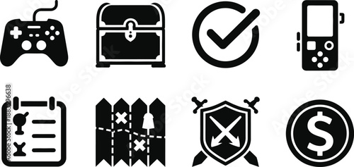 A collection of black and white icons representing gaming and finance
