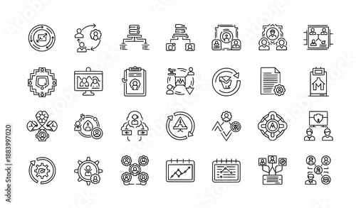 Workflow line icon set of 26 outline icons with editable stroke