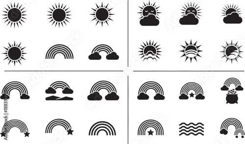 Black and white sketched of weather and rainbow scenes with various