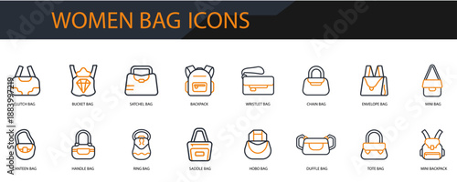 women bag icons set minimalist flat style design, women bag set Vector illustration  on white background