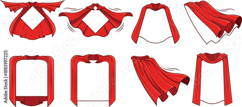 Red ribbon drapery frames and flowing fabric banners vector set isolated on white background