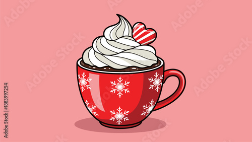 Festive Hot Chocolate with Whipped Cream and Candy Heart, Red Snowflake Mug