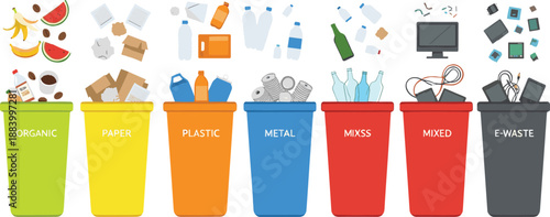 Waste recycling bins vector illustration with organic paper plastic metal mixed and electronic trash sorting system isolated