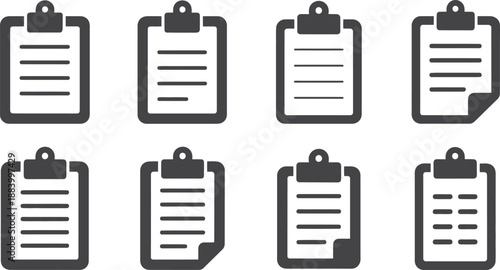 A set of clipboard icons with checklists on a white background