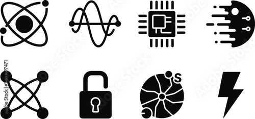 A collection of modern technology and security icons on a white background