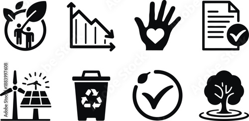 A collection of eco-friendly icons on a white background