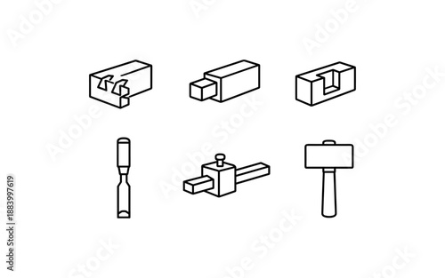 Set of woodworking tools and joints in isometric line art style
