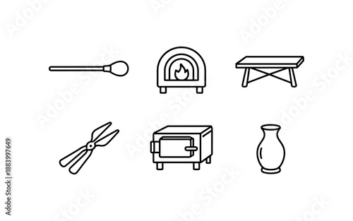 Collection of simple line art icons representing pottery making tools and equipment
