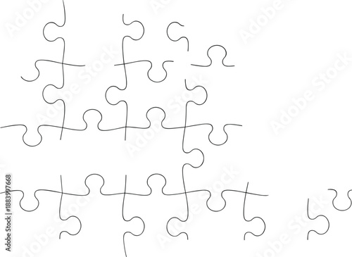 Abstract puzzle pieces outline vector illustration with minimal hand drawn jigsaw elements scattered concept design