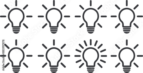 A simple black and white illustration of eight light bulbs with lines