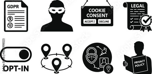A collection of black and white icons related to data privacy and security