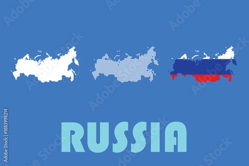 A graphic illustration of Russia featuring multiple map styles and the country's name