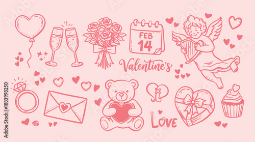 Whimsy Doodle Valentine’s Day Elements Vector Set with Hand Drawn Hearts, Love Symbols, Romantic Icons, and Playful Illustrations for Cards, Prints, and Design