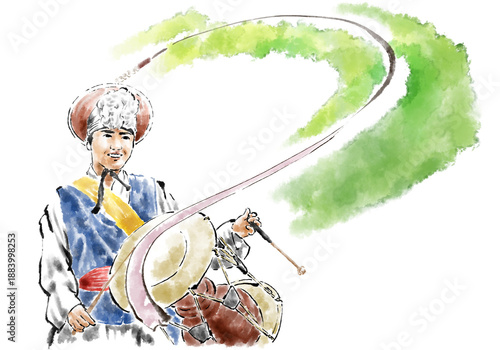 한국의 민족 축제 공연. 밝은 색의 수트를 입은 음악가와 무용수들이 전통 한국 민속 놀이인 풍물놀이 또는 사물놀이 공연을 하고 있습니다.