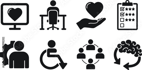 A collection of black icons representing various aspects of business and healthcare