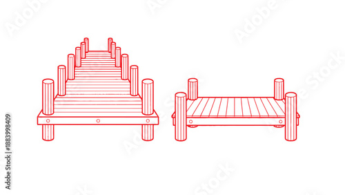 Wooden pier structures viewed from front and side, sketched in red outlines