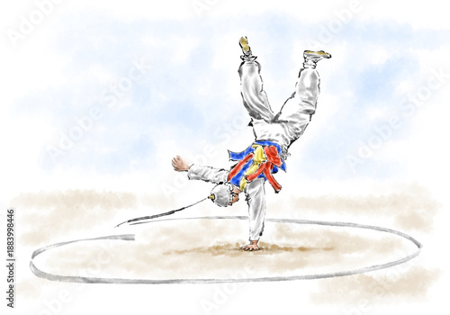 Tapety artystyczne 한국의 민족 축제 공연. 밝은 색의 수트를 입은 음악가와 무용수들이 전통 한국 민속 놀이인 풍물놀이 또는 사물놀이 공연을 하고 있습니다.