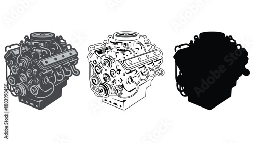 Detailed illustration of a powerful engine, line art and silhouette views