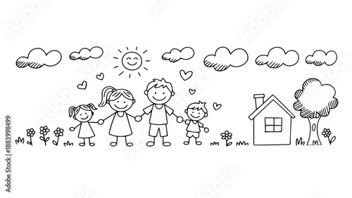 A happy family standing together in a sunny meadow with a house