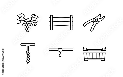 Collection of simple line icons representing viticulture and winemaking tools and elements