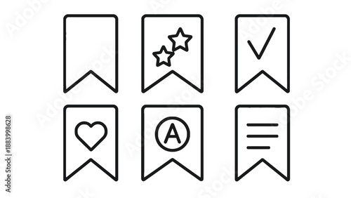 Simple outline icons for bookmarking, rating, and organization on a white background