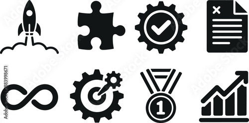 A collection of business and success icons on a white background