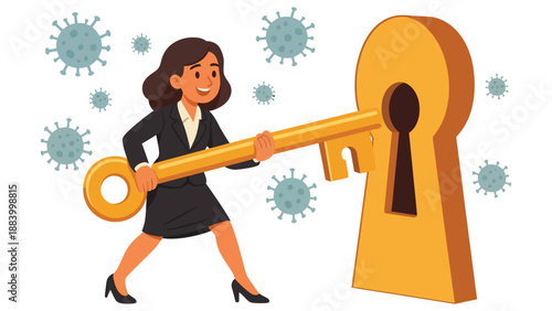 Cartoon woman in business attire holding a large key to unlock protection from viruses