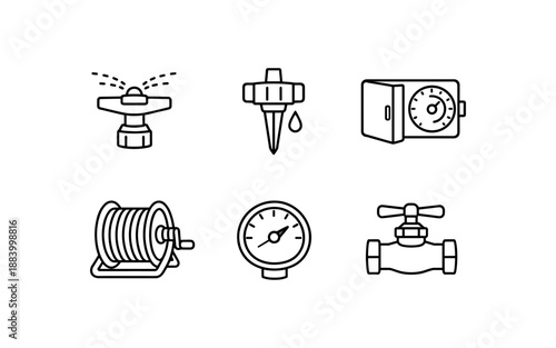 Set of line art icons for garden watering and irrigation systems