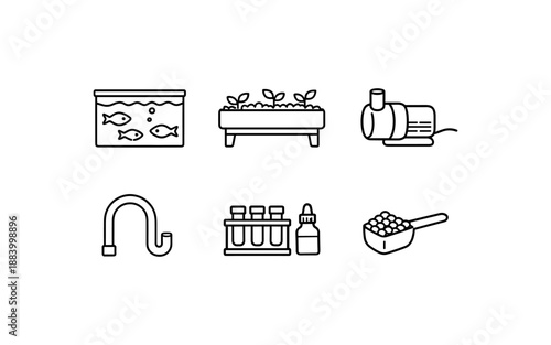 Aquaponics and hydroponics icons for sustainable farming and pet care