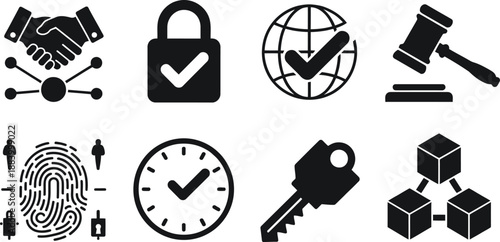 A collection of security and law icons on a white background