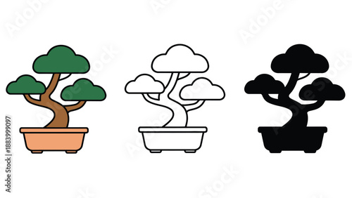 Three bonsai trees in different colors on a white background
