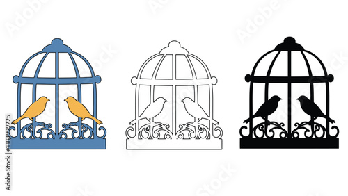 Three birdcages with birds in different colors on a white background