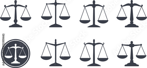 A set of black and white scales of justice icons on a plain background