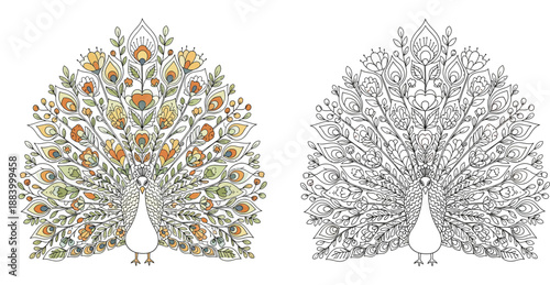 Decorative peacock illustration set with colored and outline versions. Hand drawn floral bird vector for coloring book page, zentangle style, and ornamental print.