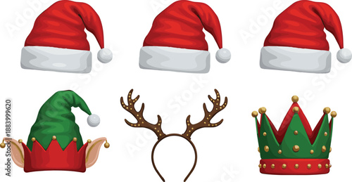 Christmas holiday headwear vector set with Santa hats elf hat reindeer antlers and festive crown isolated