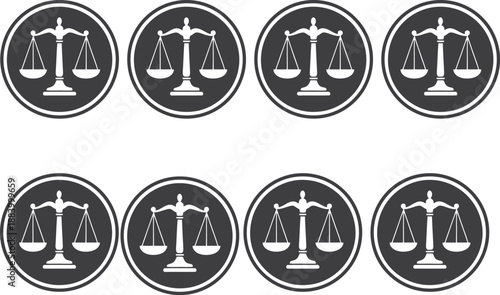 A set of black and white icons depicting the scales of justice