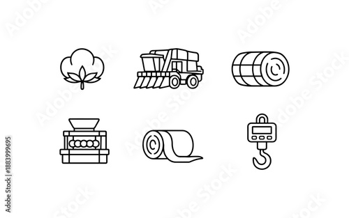 Collection of agricultural icons representing cotton farming and processing stages